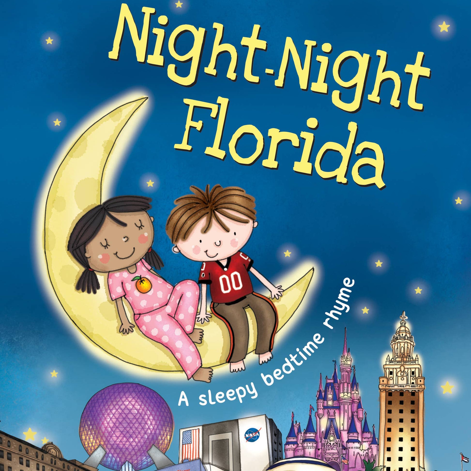 Book cover of 'Night-Night Florida' with two children on a crescent moon, city skyline, and landmarks.