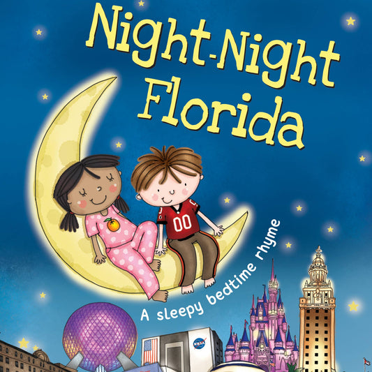 Book cover of 'Night-Night Florida' with two children on a crescent moon, city skyline, and landmarks.