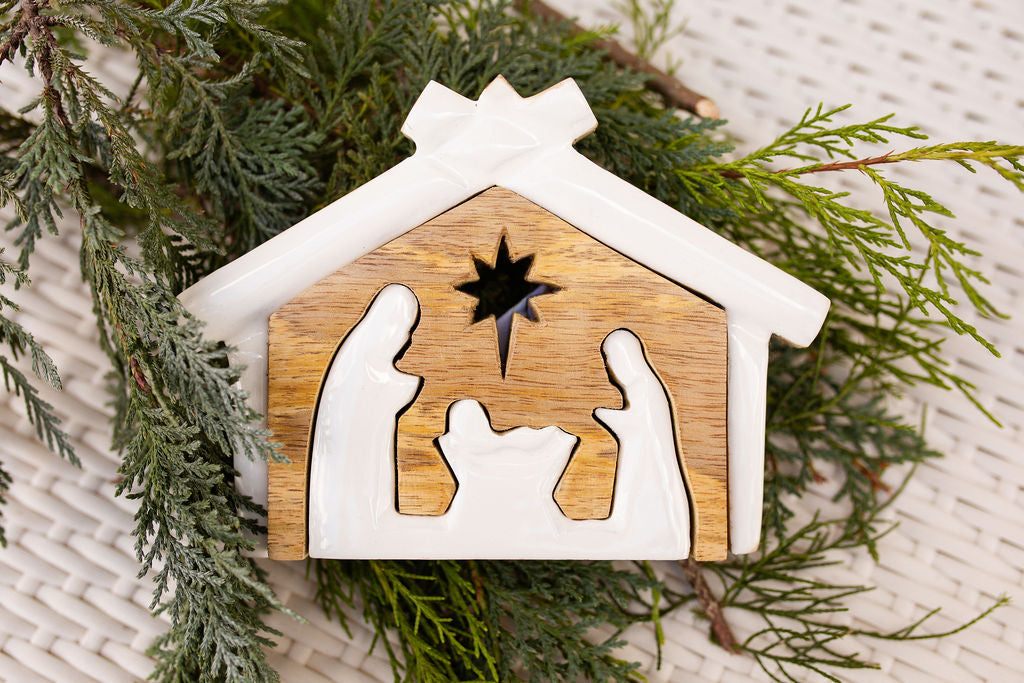 Wooden Nativity with White Enamel 3D