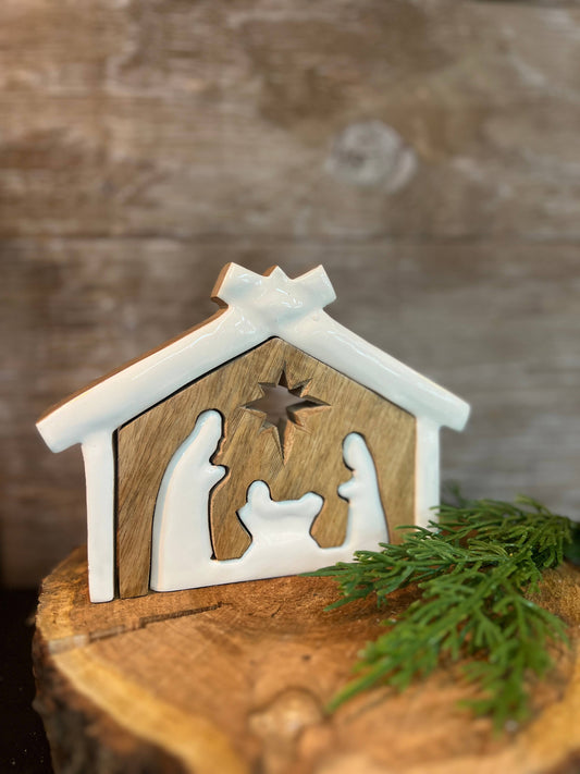 Wooden Nativity with White Enamel 3D
