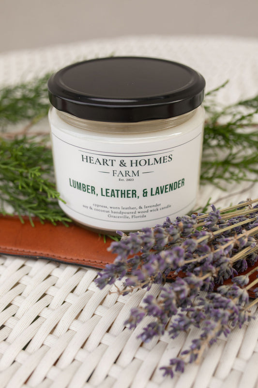 12oz. Lumber, Leather, & Lavender Candle